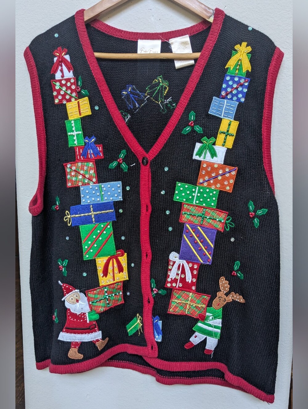 Vintage Bobby Brooks Holiday Vest with Red Trim and Colorful Gift Embroidery